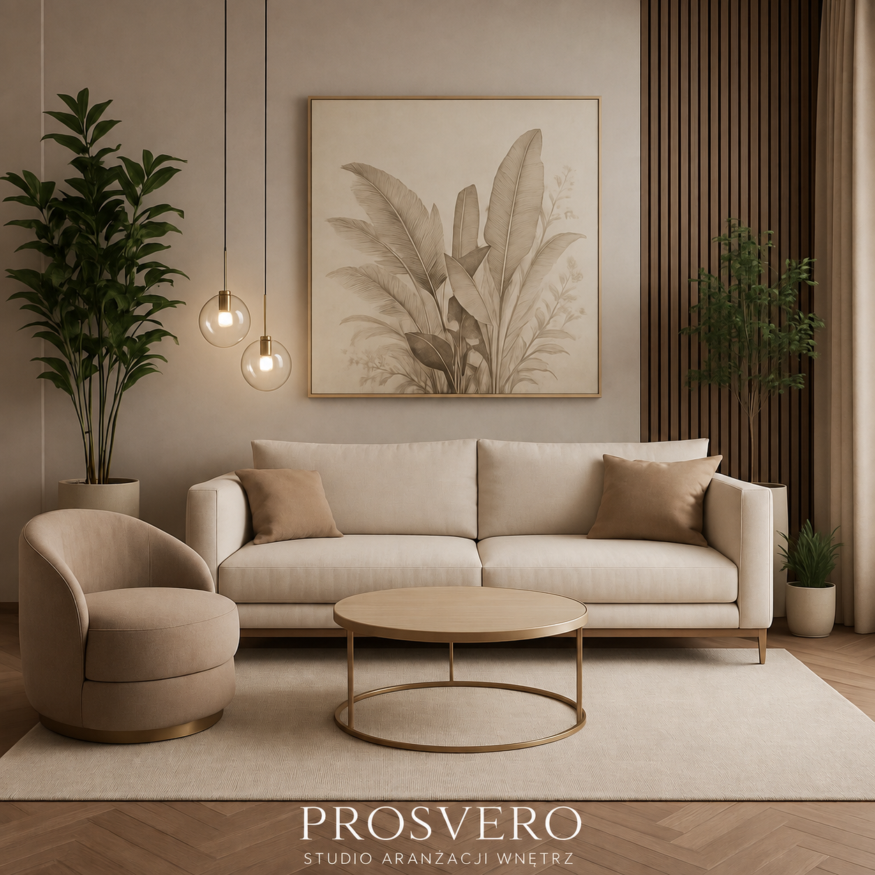 Jasny salon z beżową sofą i podpisem Prosvero – Studio Aranżacji Wnętrz